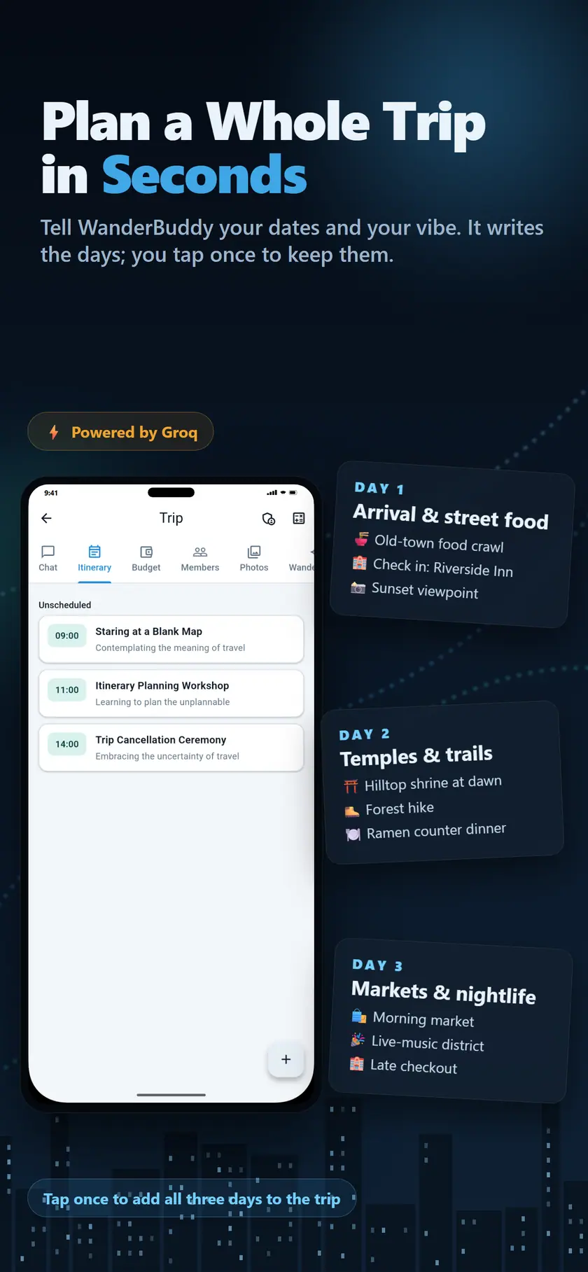 A full day-by-day itinerary the AI planner generated from a destination and dates.